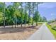 Playground featuring exercise equipment surrounded by green trees and a sidewalk at 6036 Balance Ct, Raleigh, NC 27616