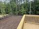 Backyard view showing a wooden deck overlooking wooded landscape with black plastic and green piping at 79 Oldham Estate Dr, Chapel Hill, NC 27517