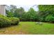 Lush backyard featuring well-manicured lawn, foliage, and comfortable outdoor seating at 99 Grassy Creek Way, Chapel Hill, NC 27517