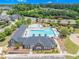 Aerial view of a large community pool with a clubhouse, parking, and green spaces at 106 Elmsford St, Durham, NC 27703