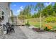 Charming patio area with patterned concrete, a decorative screen, and lush greenery for outdoor enjoyment at 106 Elmsford St, Durham, NC 27703