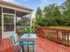 Cozy deck area with a view of the screened porch and lush backyard landscape at 136 Shadow Hawk Dr, Durham, NC 27713