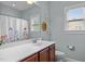 Bathroom features single vanity, light blue walls, and white shower curtain at 21 Botanical Way, Pittsboro, NC 27312