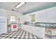 Classic kitchen featuring checkerboard floors, white cabinets, and modern appliances at 2418 Highland Ave, Durham, NC 27704