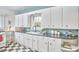 Cozy kitchen featuring white cabinets, black countertops and checkered floors at 2418 Highland Ave, Durham, NC 27704