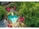 Aerial view of the home's private backyard oasis with lush landscaping and a kidney-shaped pool at 4021 Chaumont Dr, Apex, NC 27539