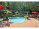 Beautiful backyard featuring a custom pool with waterfalls, lush vegetation, and brick-paved patio area at 4021 Chaumont Dr, Apex, NC 27539
