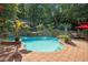 Beautiful backyard with a sparkling pool, waterfall feature, lush landscaping, and patio seating at 4021 Chaumont Dr, Apex, NC 27539