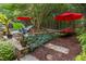 Serene backyard retreat with mature trees, landscaping, hammock, and stone pathway at 4021 Chaumont Dr, Apex, NC 27539