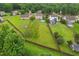 Aerial view of the backyard featuring a pool, lush lawn, mature trees, and neighboring properties at 50 Consella Way, Franklinton, NC 27525