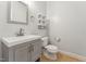 Modern half bathroom with a gray vanity, square mirror, and minimalist floating shelves at 50 Consella Way, Franklinton, NC 27525