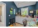 This craft room features blue walls, a window, and an art desk at 676 Whitehurst, Pittsboro, NC 27312