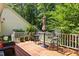 Wooden deck with seating, table, and garden views, providing a perfect spot for relaxation at 676 Whitehurst, Pittsboro, NC 27312
