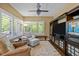 Cozy living room boasts a ceiling fan, plantation shutters for privacy, and comfortable seating at 676 Whitehurst, Pittsboro, NC 27312