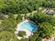 Aerial view of a community pool, surrounded by trees and outdoor seating at 676 Whitehurst, Pittsboro, NC 27312