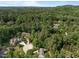 Expansive aerial view showcasing the neighborhood, mature trees, and lush landscape at 71012 Russell, Chapel Hill, NC 27517