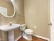 Neutral powder room with pedestal sink, oval mirror, and convenient fixtures at 1005 Augustine Trl, Cary, NC 27518