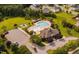 Aerial view of the community pool, clubhouse, playground, and parking, all surrounded by trees at 105 Putters Ct, Durham, NC 27703