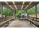 Spacious covered patio with wooden benches, perfect for outdoor gatherings at 1200 Collington Dr, Cary, NC 27511