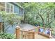 Elevated view from the deck featuring outdoor bench seating with blue pillows, lush greenery, and scenic views at 126 Weaver Rd, Chapel Hill, NC 27514