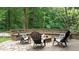 Beautiful backyard fire pit with stone seating, surrounded by lush trees, creating a cozy outdoor retreat at 1332 Kinsdale Dr, Raleigh, NC 27615