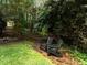 Secluded backyard retreat featuring a stone path, mature trees and two Adirondack chairs perfect for relaxation at 1706 Rangecrest Rd, Raleigh, NC 27612