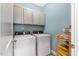 Well-organized laundry room with overhead cabinets, and modern washer and dryer at 1779 Walter Grissom Rd, Kittrell, NC 27544