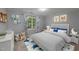 Bedroom with a gray comforter and a blue star rug featuring animal-themed wall art at 220 Dalton Dr, Raleigh, NC 27615