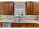 Kitchen sink with wood cabinets, tiled backsplash, and stainless steel appliances at 4620 Gomar Ln, Fuquay Varina, NC 27526