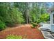 Secluded backyard featuring mature trees, mulch ground cover, and a deck area perfect for outdoor entertaining at 5800 Heatherbrook Cir, Raleigh, NC 27612