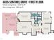 Detailed first-floor plan layout including living areas, kitchen, bedrooms, and outdoor spaces at 6035 Sentinel Dr, Raleigh, NC 27609