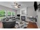 Cozy living room with fireplace, a ceiling fan, and a comfortable, large couch at 612 Quartz Dr, Durham, NC 27703