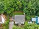 An aerial view of a single-Gathering home, with large backyard, mature trees and private drive at 7520 Milestone Ct, Raleigh, NC 27615