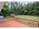 View of the fenced backyard and shed as seen from the orange wood deck at 7603 Nichols Dr, Rougemont, NC 27572