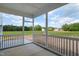 Enjoy the outdoors from this screened porch with black railings and a peaceful view of the surrounding greenery at 7719 Barefoot Rd, Fuquay Varina, NC 27526