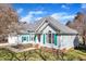 One-story home featuring blue siding, gray roof, white trim, well-manicured lawn and blue shutters at 11113 N Radner Way, Raleigh, NC 27613
