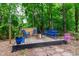 Beautiful backyard deck with stylish blue seating, a fire pit, and a tranquil wooded backdrop at 1577 Tice Hurst Ln, Apex, NC 27502