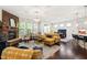 Spacious living room featuring a brick fireplace, hardwood floors and bright, natural light at 1577 Tice Hurst Ln, Apex, NC 27502