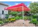 Backyard patio with a red canopy, landscaping, and a black metal fence, ideal for outdoor entertaining at 1633 Lakestone Village Ln, Fuquay Varina, NC 27526