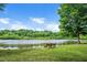 Tranquil lake view with a double bench, offering a serene and peaceful outdoor space at 1633 Lakestone Village Ln, Fuquay Varina, NC 27526