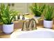 Close-up of the bathroom sink with updated faucet and decorative plants at 1912 Parkside Village Dr, Clayton, NC 27520