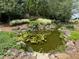 Scenic entrance to Woodcreek features lush landscaping, rock waterfall, and serene pond with lily pads at 212 Preatonwood Dr, Apex, NC 27539