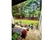 Covered patio providing a beautiful view of a lush, green backyard surrounded by mature trees at 2221 Delaney Dr # 112, Burlington, NC 27215