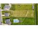 Aerial view of houses with spacious backyards; one with a trampoline and another with a pool at 319 Brinkley Cir, Mebane, NC 27302