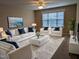 Staged living room area with white sofa set, white chairs, blue pillows, and a white ottoman at 319 Brinkley Cir, Mebane, NC 27302