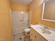 Bathroom with a vanity, commode, and shower-tub combo; needs repair at 3559 Mill Run, Raleigh, NC 27612
