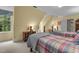 Comfortable bedroom featuring two beds, each with a plaid spread under sloped ceilings and carpeted floor at 3919 Wentworth Dr, Durham, NC 27707