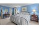 Bright bedroom with blue walls, a queen-sized bed, and matching nightstands at 3919 Wentworth Dr, Durham, NC 27707
