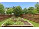 Backyard featuring raised garden beds, a lush lawn, surrounded by a wooden privacy fence and mature trees at 59 Tobacco Farm Way, Chapel Hill, NC 27516
