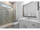 Modern bathroom featuring a glass shower, stylish vanity, and contemporary fixtures at 623 Cabin Crk, Pittsboro, NC 27312